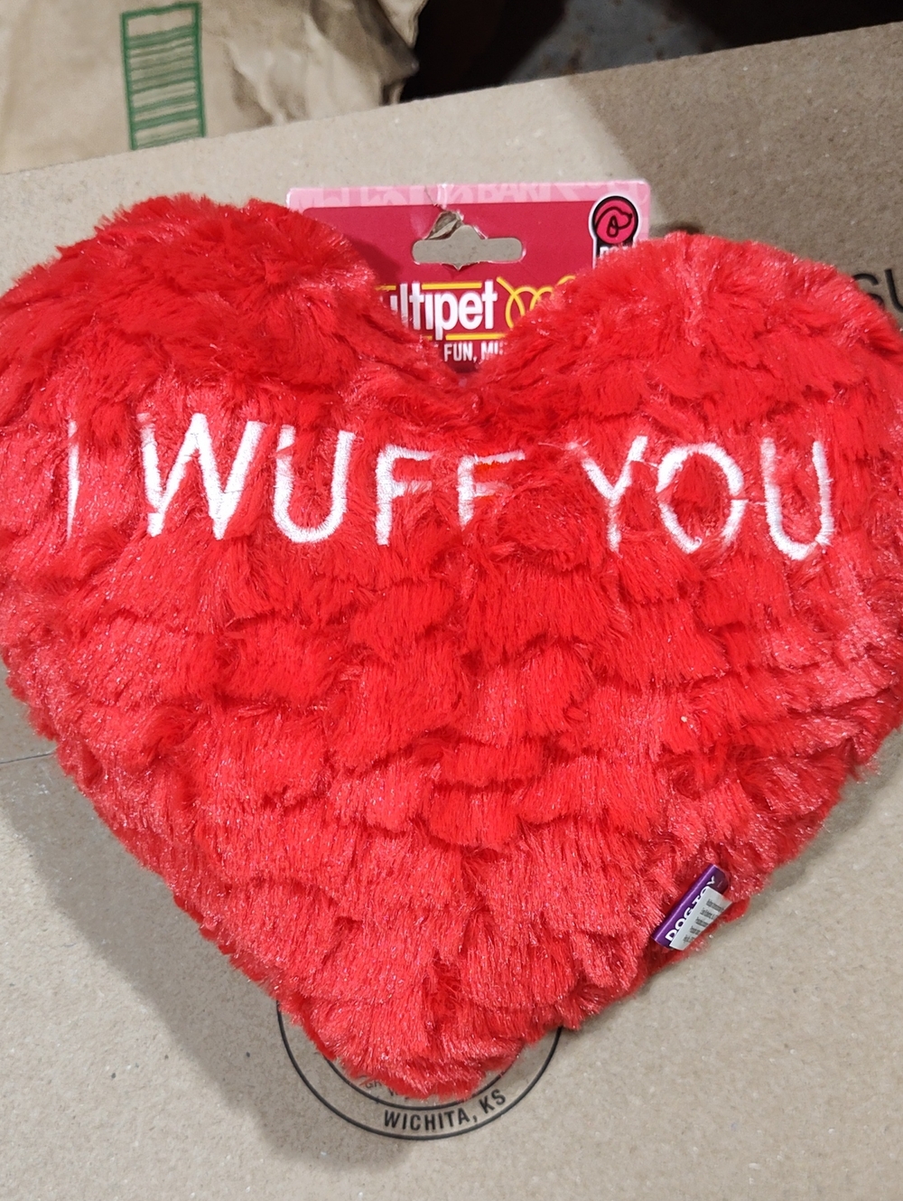 Red Plush Heart Pet Toy - "I WUFF YOU"- New